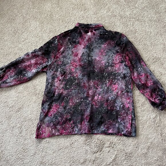 Vintage Maggie Sweet Whimsigoth Velvet Burnout Sheer ButtonUp Fairy Shiny Top 2X - Picture 6 of 13